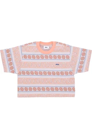 Obey Tops, Dames, Veelkleurig, S, Katoen, Gestreepte Crop Tee Perzik Zand Multi