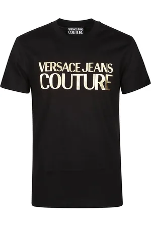 VERSACE Tops, Heren, Zwart, L, Zwart/Goud Logo Tick Foil T-Shirt