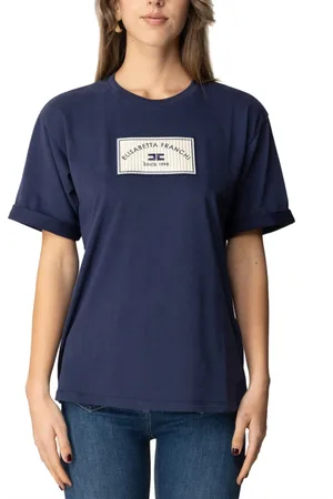 Elisabetta Franchi Tops, Dames, Blauw, M, Katoen, Blauw katoenen jersey T-shirt met geborduurde patch