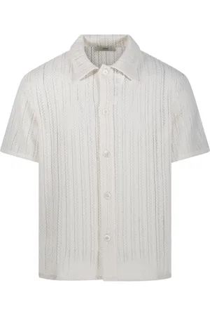DUNST Overhemden, Heren, Wit, M, Katoen, Ivory Stripe Crochet Shirt