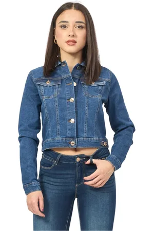 Fracomina Jassen, Dames, Blauw, XS, Denim, Blauwe Denim Korte Jas met Gouden Details