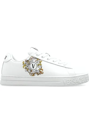 VERSACE Schoenen, Dames, Wit, 39 EU, Leer, Sneakers met bedrukt logo