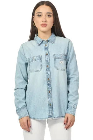 Guess Blouses & Shirts, Dames, Blauw, M, Denim, Blauwe Denim Overhemd met Klassieke Kraag