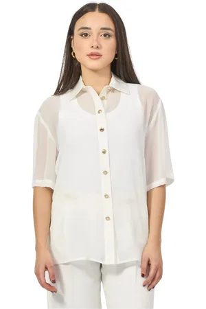 GAËLLE Blouses & Shirts, Dames, Wit, L, Polyester, Witte korte mouwen overhemd met zakken