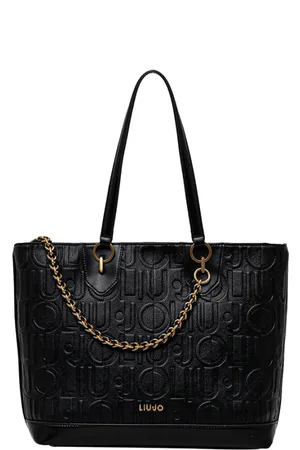 Liu Jo Tassen, Dames, Zwart, ONE Size, Leer, Zwarte Schoudertas met Gouden Details