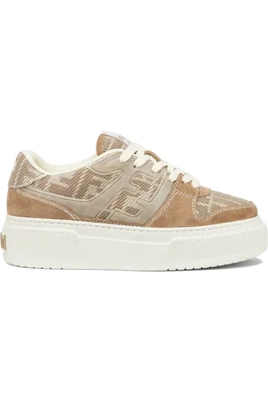 Fendi Schoenen, Dames, Veelkleurig, 39 EU, Denim, Beige Sneakers met FF Jacquard Details
