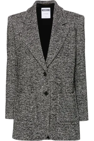 Moschino Jassen, Dames, Zwart, S, Zwart Herringbone Jas met Dart Detailering