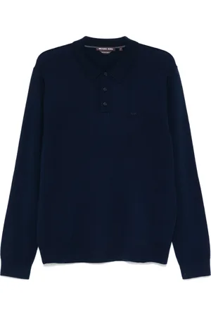 Michael Kors Tops, Heren, Blauw, M, Wol, Merino Polo Shirt met Lange Mouwen