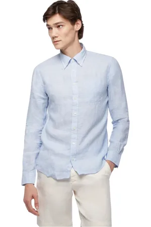 Brooks Brothers Overhemden, Heren, Blauw, L, Linnen, Milano Slim-fit Iers Linnen Sportoverhemd