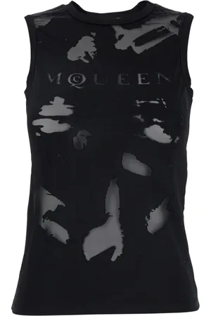 Alexander McQueen Tops, Dames, Zwart, XS, Zwarte Logo Mouwloze Crewneck Top
