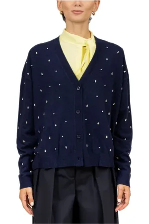 SEMICOUTURE Truien, Dames, Blauw, L, Wol, Blauwe Cashmere Cardigan met Strass Detail