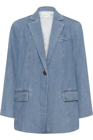 Gestuz Jassen, Dames, Blauw, XL, Katoen, Blauwe Gewassen Blazer Jas met Klepzakken