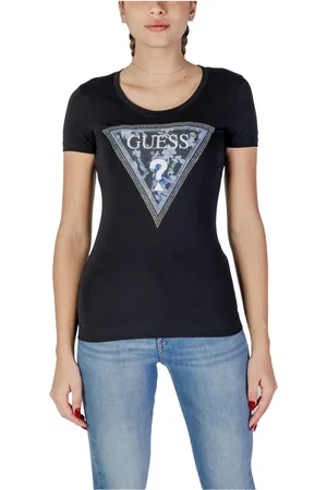Guess Tops, Dames, Zwart, 2Xl, Katoen, Zwarte Rhinestone Driehoek Logo Tee