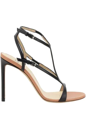 Francesco Russo Schoenen, Dames, Zwart, 35 1/2 EU, Elegante Leren Stiletto Hak Sandalen
