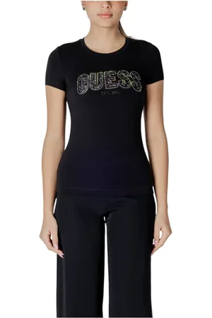 Guess Tops, Dames, Zwart, M, Katoen, Zwart Ronde Hals T-Shirt