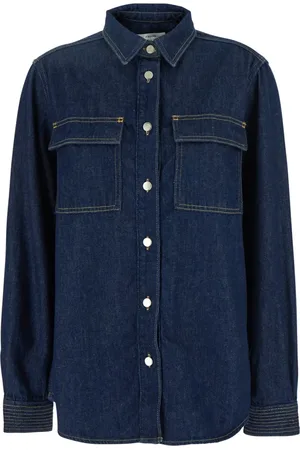 Frame Blouses & Shirts, Dames, Blauw, S, Denim, Blauwe Oversized Trapunto Shirt met Klassieke Kraag