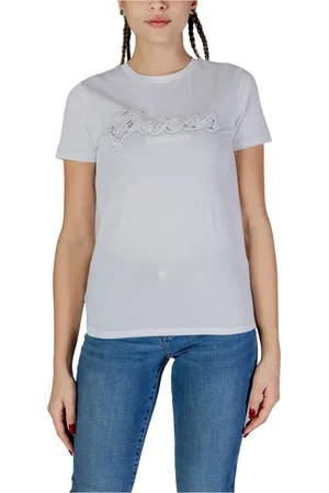 Guess Tops, Dames, Wit, L, Katoen, Witte Katoenen Crew Neck T-Shirt