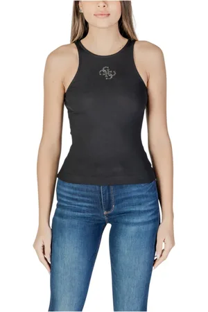Guess Tops, Dames, Zwart, L, Polyester, Zwarte Mouwloze Tanktop met Ronde Hals