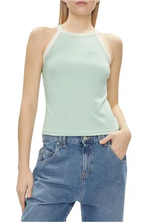 Lee Tops, Dames, Groen, M, Polyester, Gestreepte mouwloze top met zichtbaar logo
