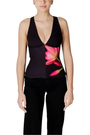Desigual Tops, Dames, Zwart, L, Polyester, Bloemen V-Hals Mouwloze Top