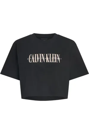Calvin Klein Tops, Dames, Zwart, M, Katoen, Zwart Print Katoenen T-shirt met Ronde Hals