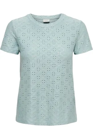 JACQUELINE DE YONG Tops, Dames, Blauw, S, Polyester, Blauw Eyelet Detail T-Shirt