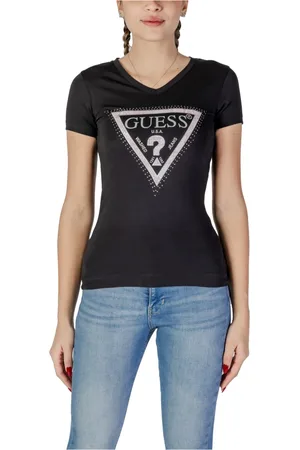Guess Tops, Dames, Zwart, S, Katoen, Rhinestone Logo V-hals T-shirt