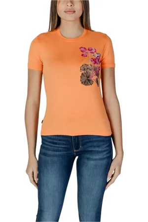 Desigual Tops, Dames, Oranje, S, Oranje Print Ronde Hals T-shirt