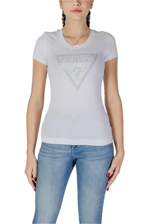 Guess Tops, Dames, Wit, M, Katoen, Wit Rhinestone Logo V-Hals T-Shirt