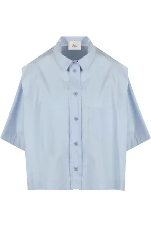 8PM Blouses & Shirts, Dames, Blauw, M, Katoen, Crop Shirt met Klassieke Kraag