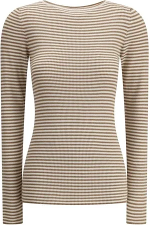Brunello Cucinelli Truien, Dames, Bruin, L, Kasjmier, Kasjmier Gestreepte Trui met Lange Mouwen