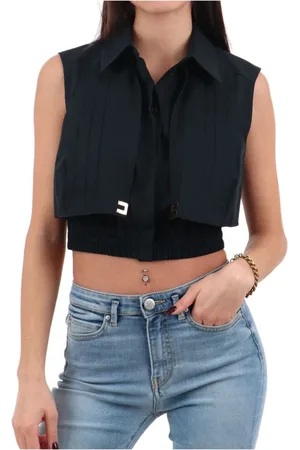 Elisabetta Franchi Blouses & Shirts, Dames, Zwart, XS, Katoen, Zwarte Crop Katoenen Overhemd met Gouden Details