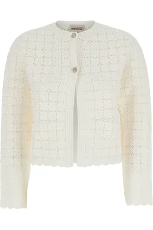 SEMICOUTURE Truien, Dames, Wit, M, Katoen, Witte Cropped Cardigan met Juweelknopen