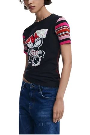 Desigual Tops, Dames, Zwart, L, Katoen, Zwart Bedrukt T-shirt Korte Mouw