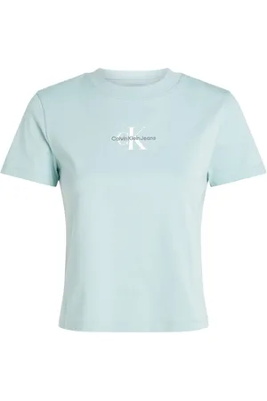 Calvin Klein Tops, Dames, Blauw, S, Katoen, Lichtblauw Ronde Hals T-Shirt