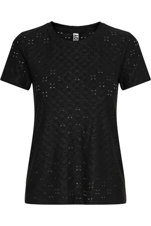JACQUELINE DE YONG Tops, Dames, Zwart, XS, Polyester, Zwarte Eyelet Detail T-Shirt