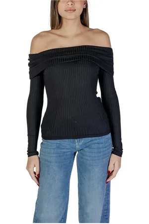 JACQUELINE DE YONG Tops, Dames, Zwart, M, Katoen, Zwarte Boothals Gebreide Top