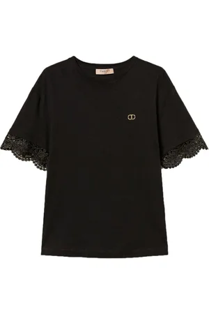 Twin-Set Tops, Dames, Zwart, XL, Katoen, Zwarte Katoenen Logo Print T-shirts en Polos