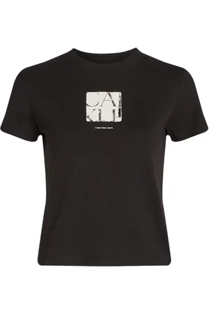 Calvin Klein Tops, Dames, Zwart, XS, Katoen, Zwart Print Katoenen T-Shirt