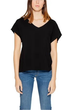 JACQUELINE DE YONG Tops, Dames, Zwart, S, Zwarte V-hals korte mouw gebreide top