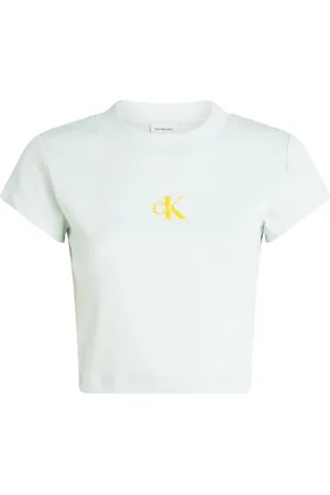 Calvin Klein Tops, Dames, Groen, S, Katoen, Groene Ronde Hals T-Shirt voor Vrouwen