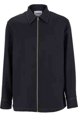 Jil Sander Jassen, Heren, Zwart, M, Zwart Zip-Up Shirt met Contrasterende Stiksels