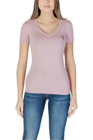 Guess Tops, Dames, Roze, M, Katoen, Roze V-hals T-shirt met korte mouwen
