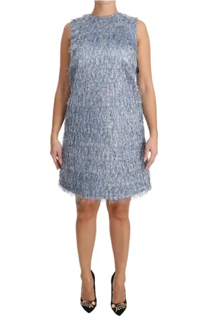 Dolce & Gabbana Kleedjes, Dames, Blauw, L, Metallic Fringe Mini Jurk Mouwloos ALine