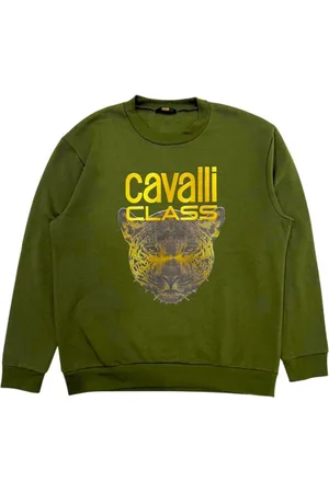 Roberto Cavalli Sweatshirts & Hoodies, Heren, Groen, M, Katoen, Groene Fleece Hoodie met Maxi Logo
