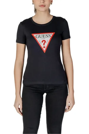 Guess Tops, Dames, Zwart, L, Katoen, Stijlvol Bedrukt Katoenen T-Shirt