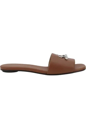 Alexander McQueen Schoenen, Dames, Bruin, 37 1/2 EU, Leer, Leren Sandalen met Vierkante Neus en Metalen Plaat