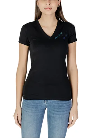 Armani Exchange Tops, Dames, Zwart, S, Katoen, Zwarte V-Hals Katoenen T-Shirt