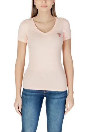 Guess Tops, Dames, Roze, M, Katoen, Roze V-hals korte mouw T-shirt