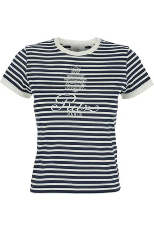 Frame Tops, Dames, Blauw, L, Katoen, Paris Logo Print Gestreepte Crewneck T-Shirt